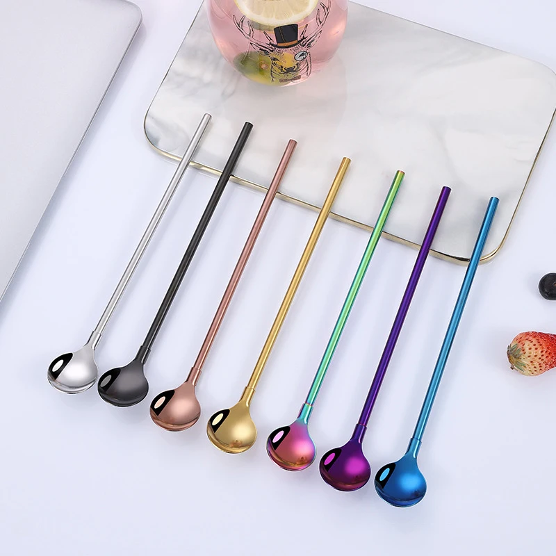 

Stainless Steel Straw Spoon Colorful Metal Beverage Tools Tea Coffee Milk Accessories Kitchen Gadgets Birthday Party Supplies