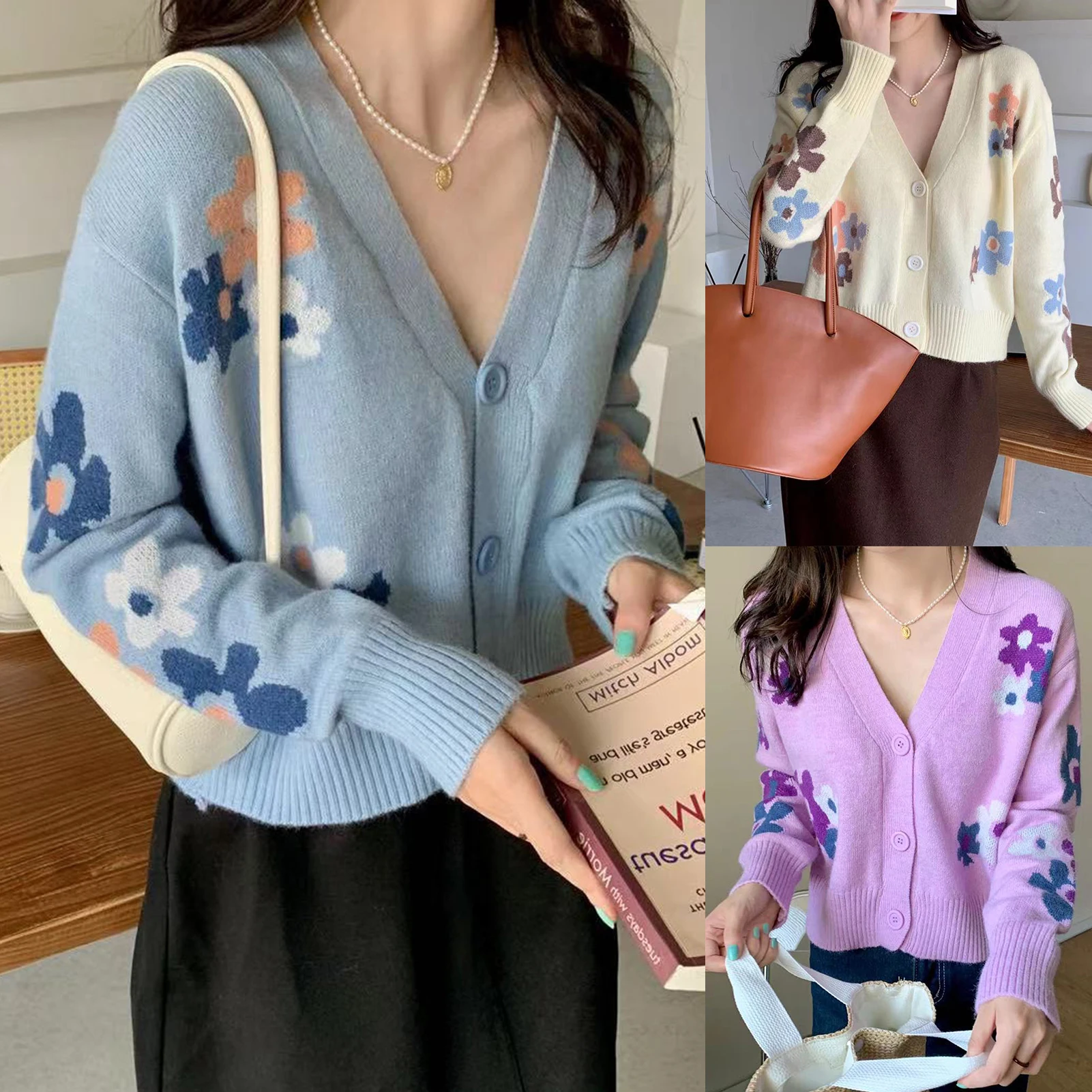 

V Neck Women Long Sleeve Sweater Cotton Cartoon Cardigan Single Breasted Jacket Coat Flower Pattern Casual Elegant Daily Outfit