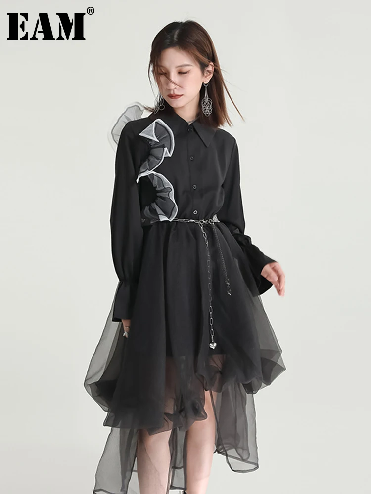 

Женское асимметричное Сетчатое платье EAM, элегантное платье свободного покроя с длинными рукавами и отложным воротником, весна-осень 2022, ...