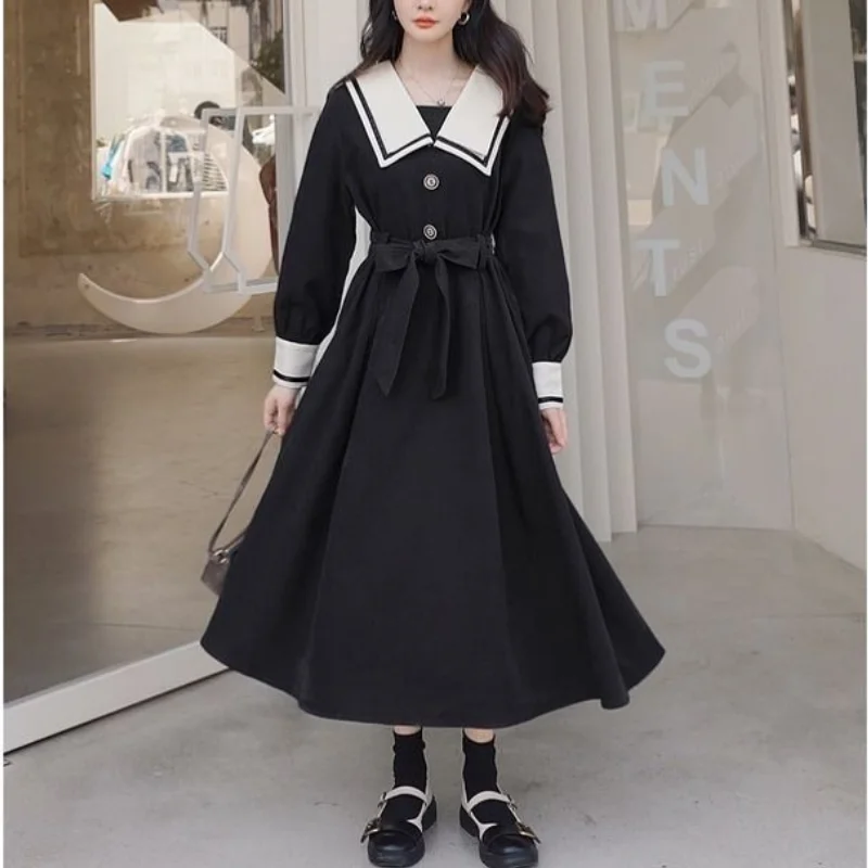 

Dress Women Japanese Preppy Style Sailor Collar Spring Autumn Long Sleeve Dresses Elegant Vintage Jk Outfits