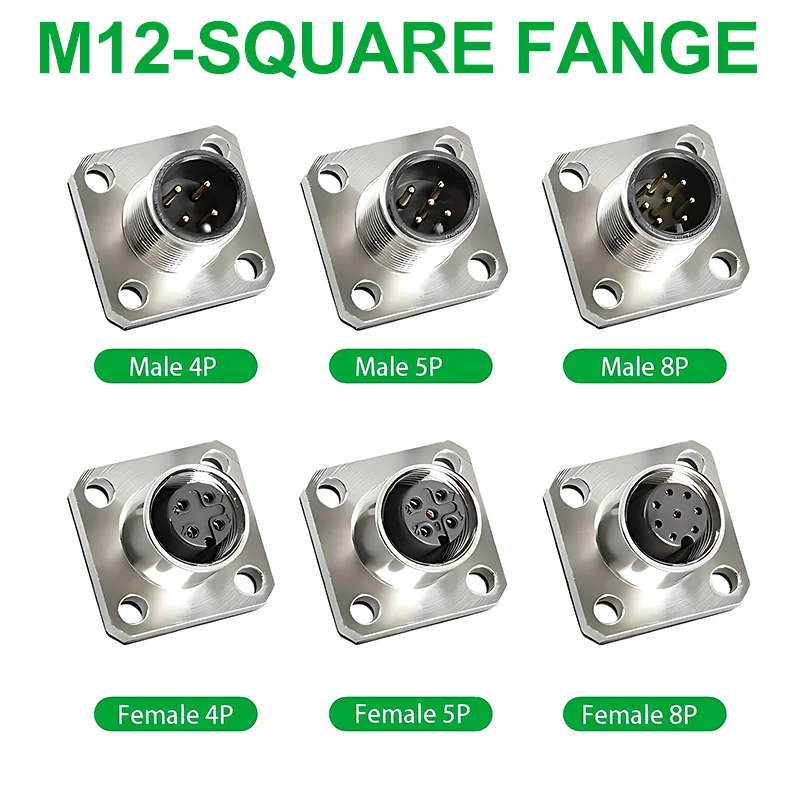 

5/20PCS IP67 M12 Square Flange Sensor Connector Waterproof Male Female Plug Screw Angle Threaded Coupling 4 5 8 12 Pin A Type