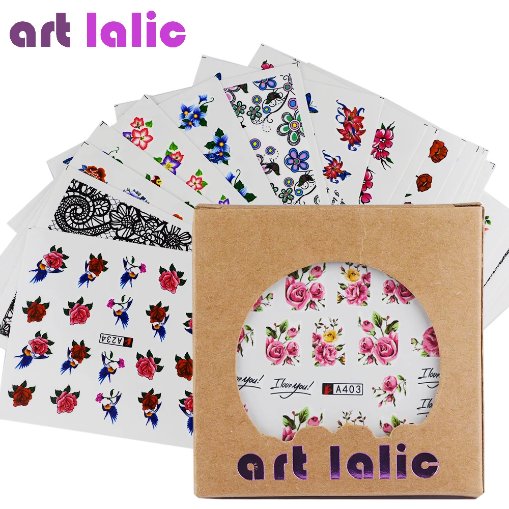 

Artlalic 50 Sheets Watermark Nail Stickers Mix Designs Water Transfer Nail Art Decals DIY Salon Usage Decoration Tools