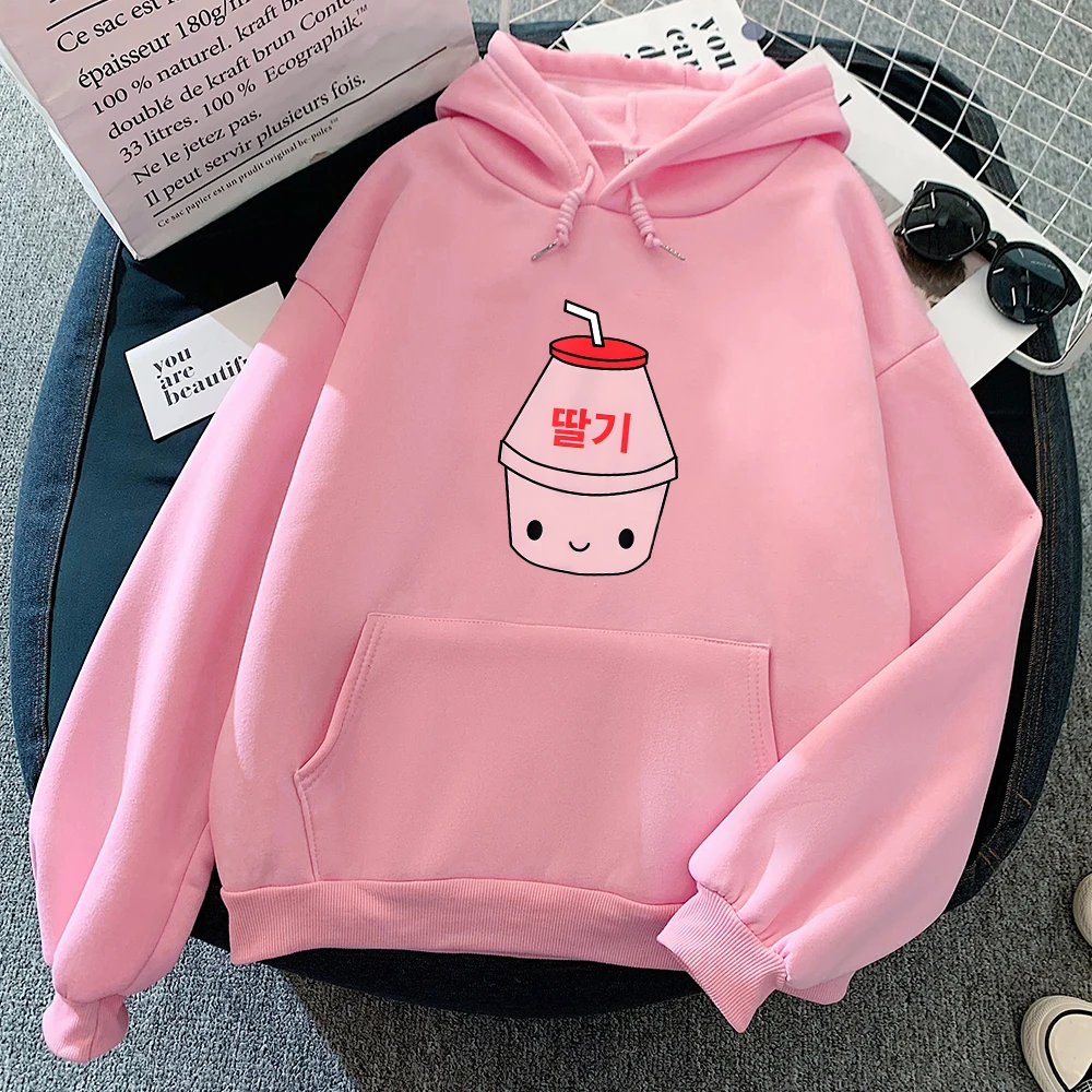 

Strawberry Milk Hoodie Women/Men Kawaii Cartoon Sweatshirts Harajuku Graphic Hoodies Streetwear Pullover Loose Pink Hooded Tops