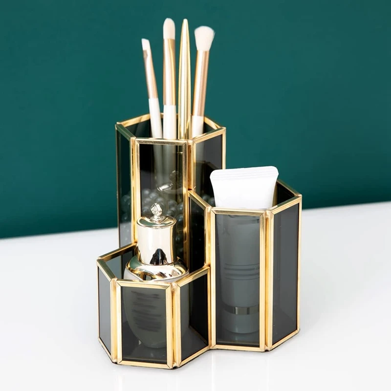 

Makeup Brush Holder 3 Slots Glass Makeup Brush Holder Display Organizer Home Decorative Pen Pencil Holder For Desk Decor