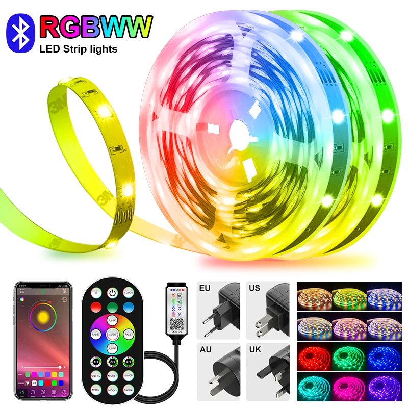

Светодиодная лента RGB с Bluetooth, светящаяся полоса RGBWW 5050 2835, лента с диодами, светящаяся лента, яркий декор для комнаты, стены