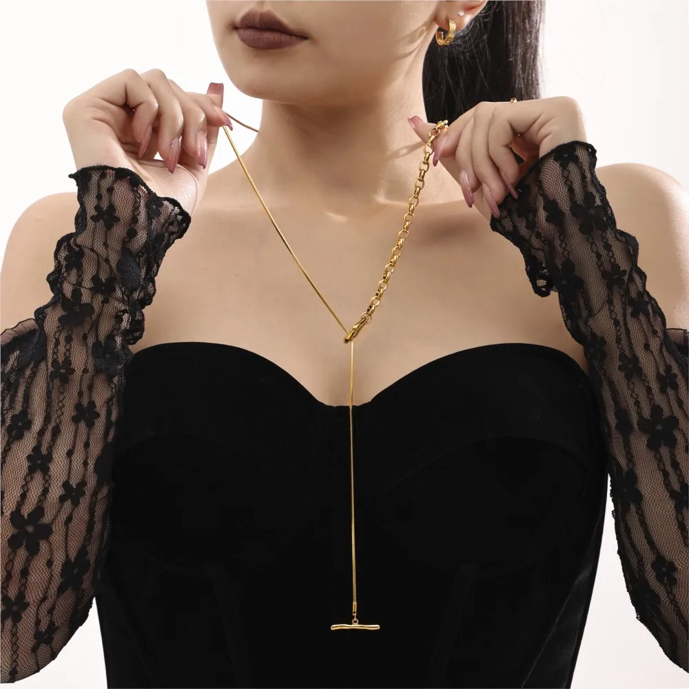 Двухцветное длинное ожерелье из нержавеющей стали с пряжкой OT для женщин