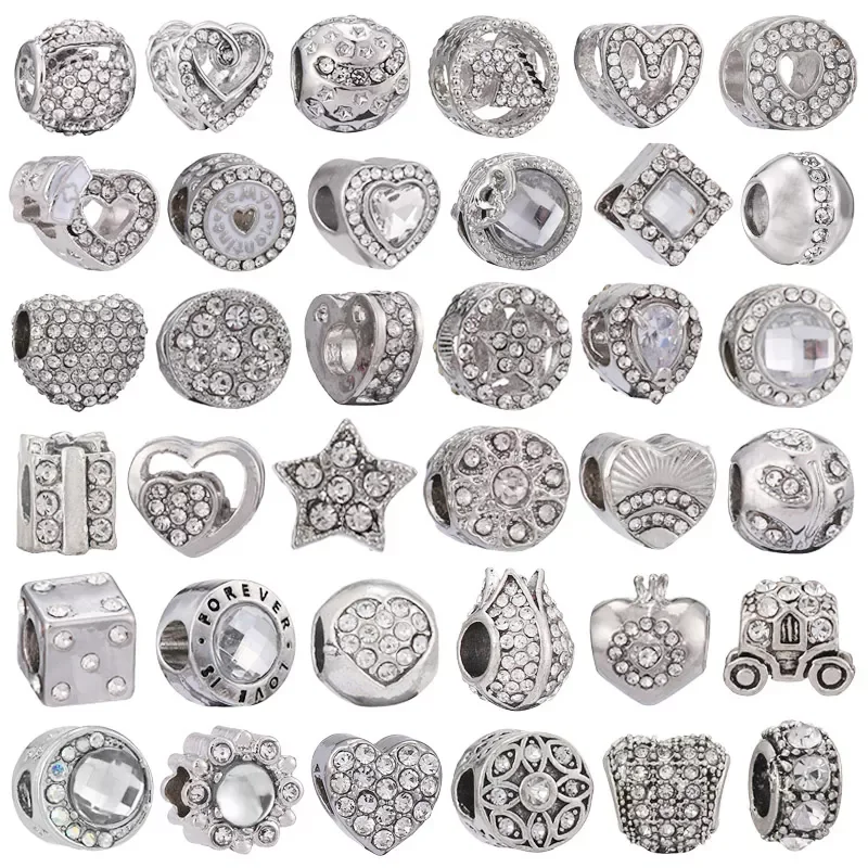 

2Pcs/Lot Silver Color Sparkling Heart Crown Charm Beads Fit Alloy Charm Bracelets For Women Pandora Jewelry Gift Special Offer