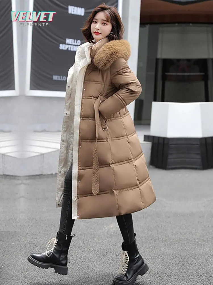 VE 2023 Winter Long Parkas for Women Hooded Fur Collar High Quality Warm Thick Female Coat Snow Wear Jacket Clothes With Belt