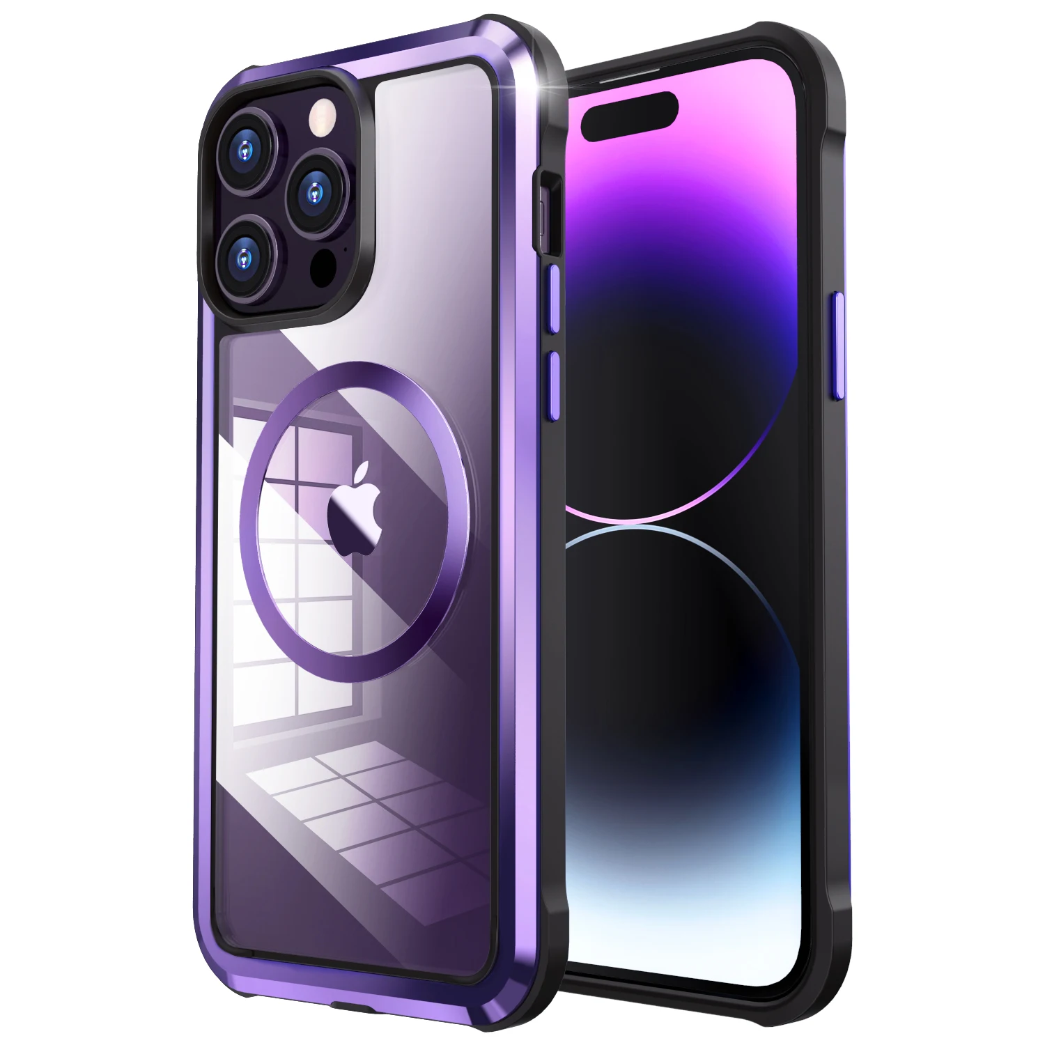 

For iPhone 14 13Pro Max Case Magnetic Stainless Steel Frame Transparent PC Soft TPU Silicone Cover For Magsafe Wireless Charging