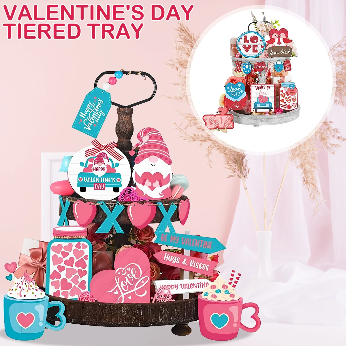 

15/16Pcs Valentines Tiered Tray Decoration Kit Wooden Valentines Day Table Sign Decorations Cute Colorful Romantic Table