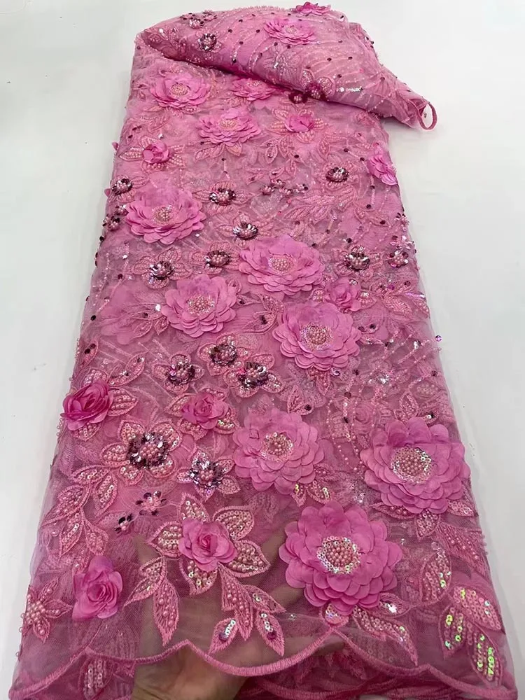 

Pink 3D Stereo Flower 2022 High Quality Embroidery Sequins African Net Lace Fabric With Beads French Tulle Lace Fabric For Bride