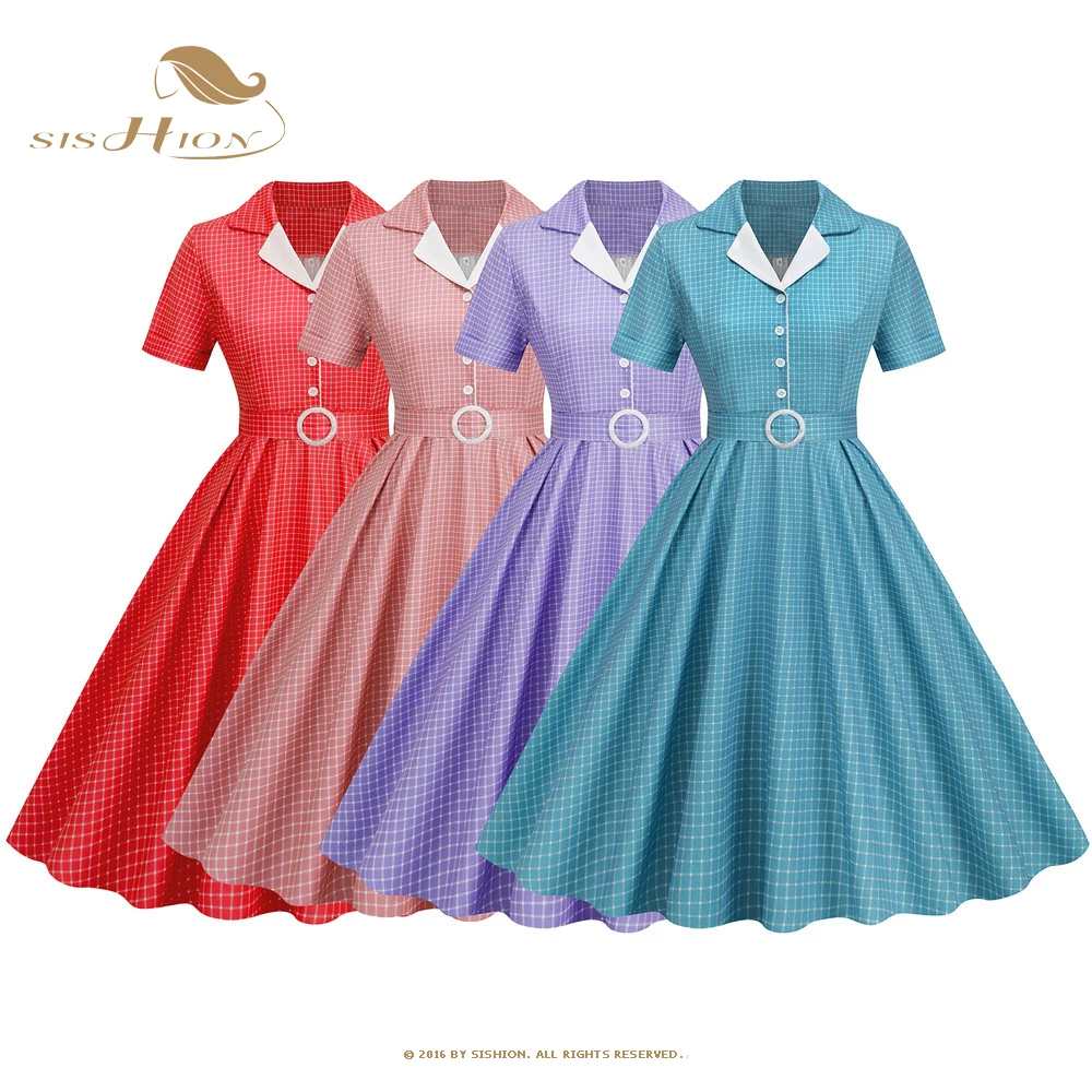 

Женское клетчатое платье с коротким рукавом SISHION, летнее платье трапециевидной формы из полиэстера, зеленые, розовые, красные, фиолетовые винтажные платья VD3921