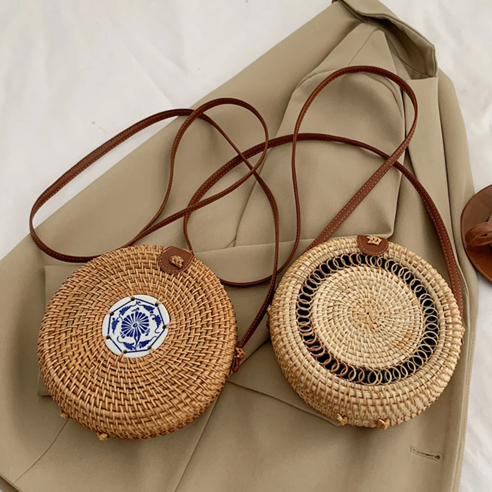 

Круглая искусственная женская сумка через плечо, женская модная маленькая круглая соломенная сумка, летняя пляжная сумка для пикника, женс...