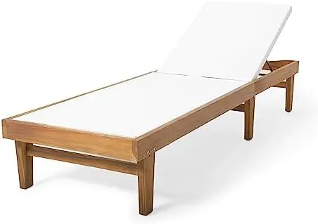 

Outdoor Mesh Chaise Lounge with Acacia Wood Frame, Teak Finish / White Mesh