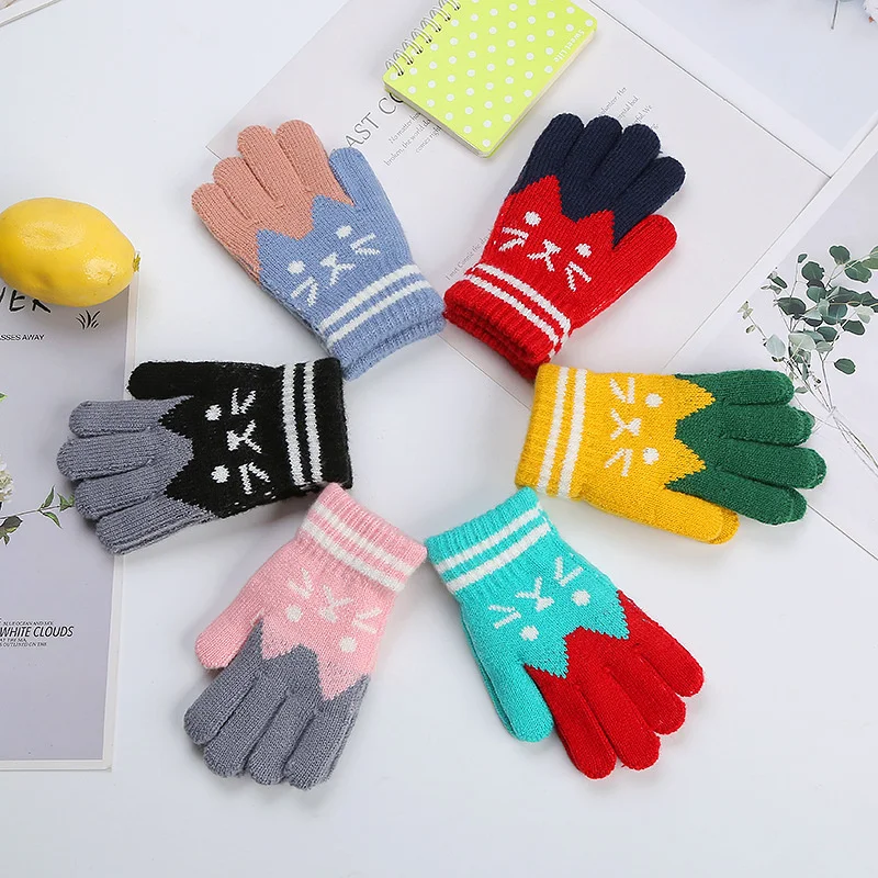 

Winter Warm Gloves For Children Lovely Cat Jacquard Weave Thickened Imitated Cashmere Fingers Gloves For Writing Students