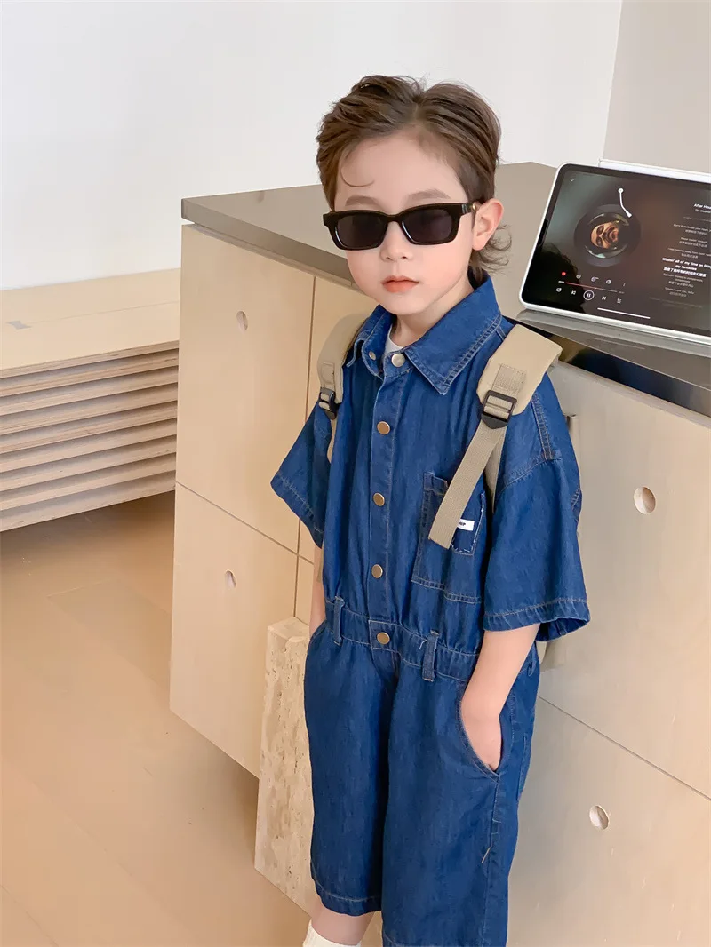 

Children Clothing Boys Jumpsuit Korean Style Solid Color 2023 Spring Summer New Handsome Fashionable Short Sleeve Jumpsuit