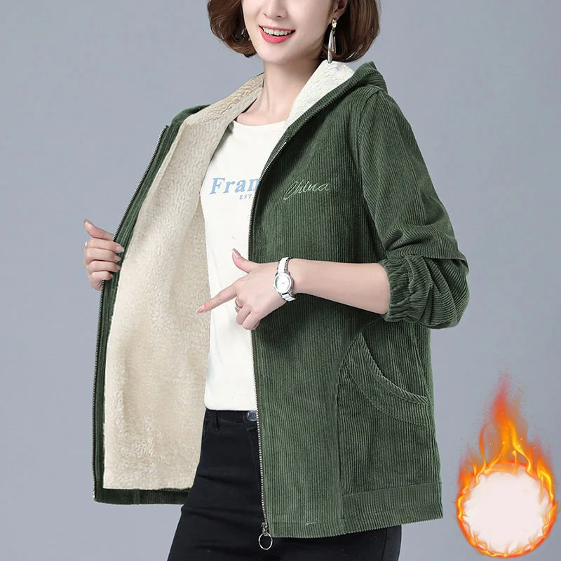 

Женская теплая бархатная куртка, винтажная Толстая зимняя куртка большого размера на молнии, Женская куртка свободного кроя с капюшоном, с ...