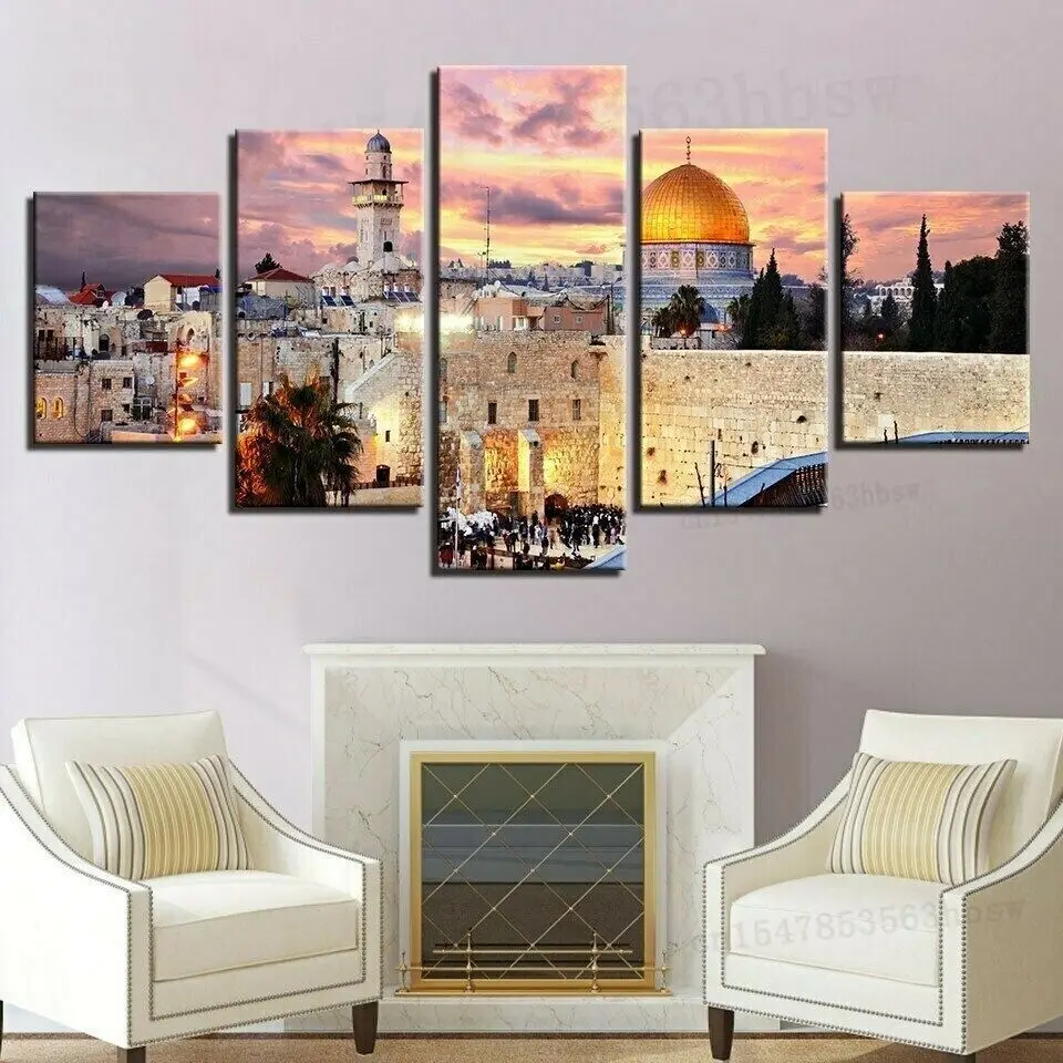 

5 панельных холщовых картин с изображением заката из священного города в исламе, настенный художественный плакат, картины для украшения дома, 5 шт., картины без рамы