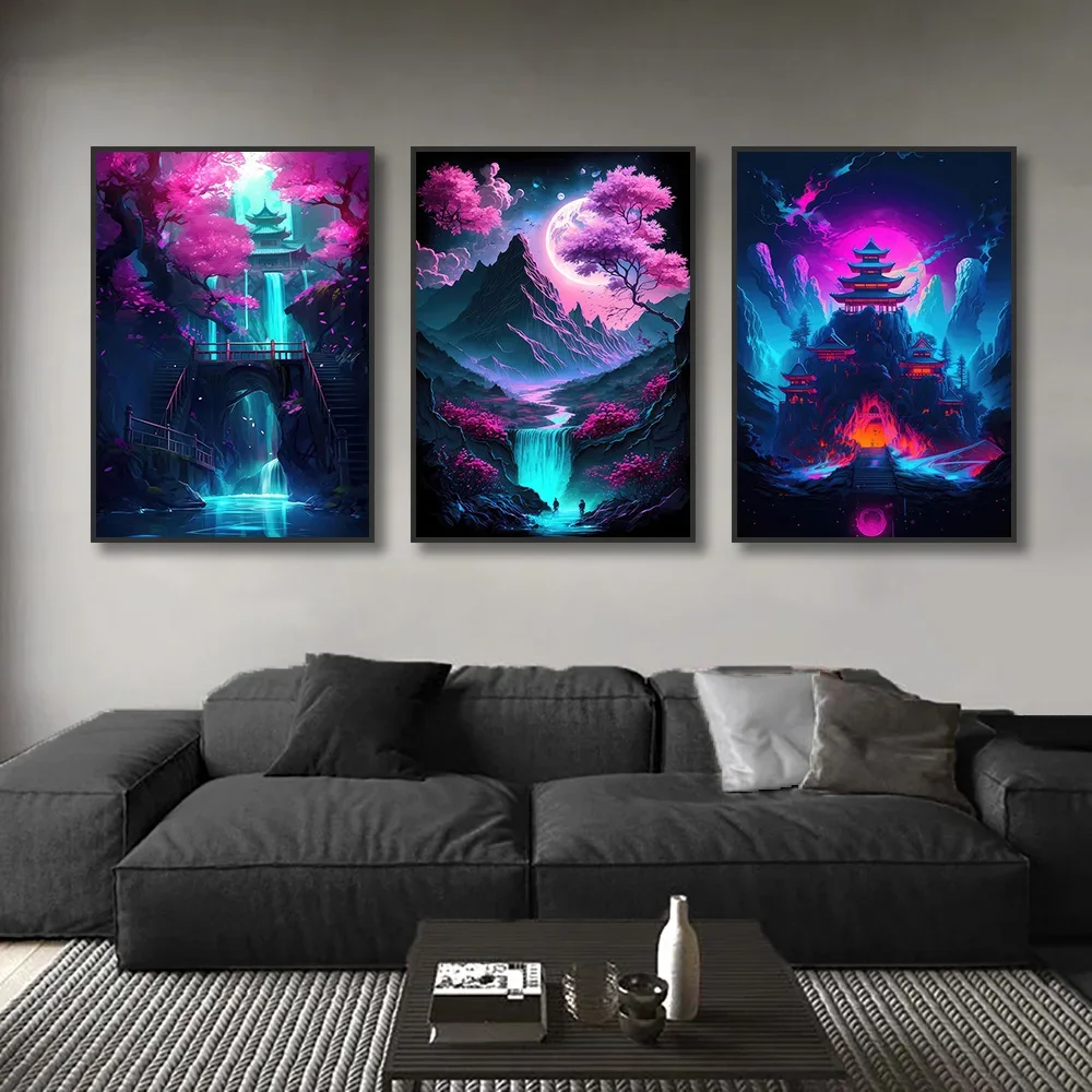 Неоновый розовый пейзаж холст с принтом японский аниме-стиль настенный
