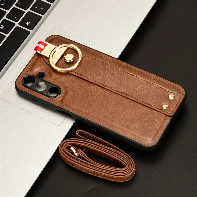 

For Samsung Galaxy M34 5G SM-M346B/DS Case Luxury Lanyard PU Leather Wristband Ring Camera Protection Shockproof Bumper