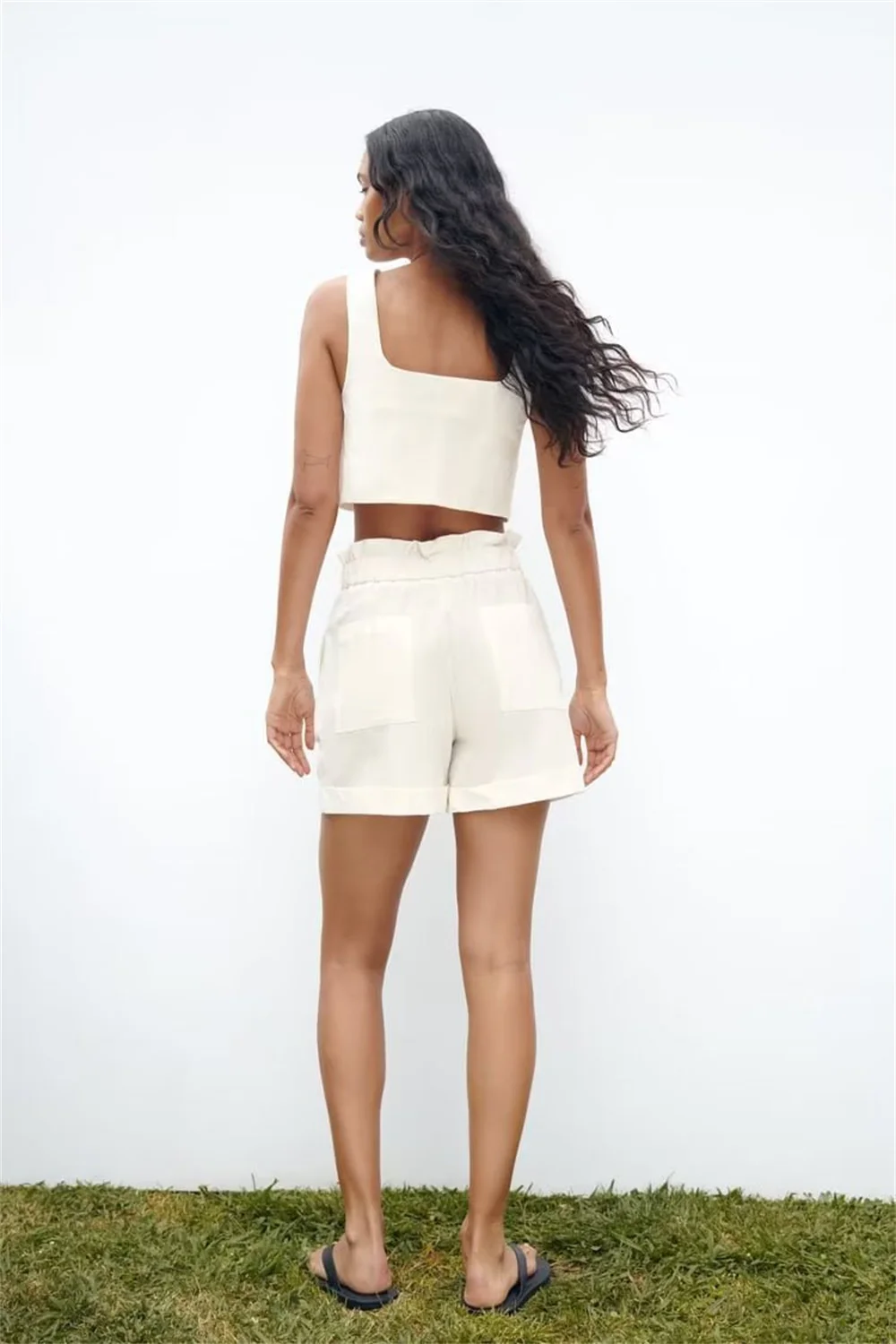 Women White Crop Vest Shorts 2 Piece Set Summer Office Lady Single Breasted Slim Top and High Waist Straight Shorts Casual Suit