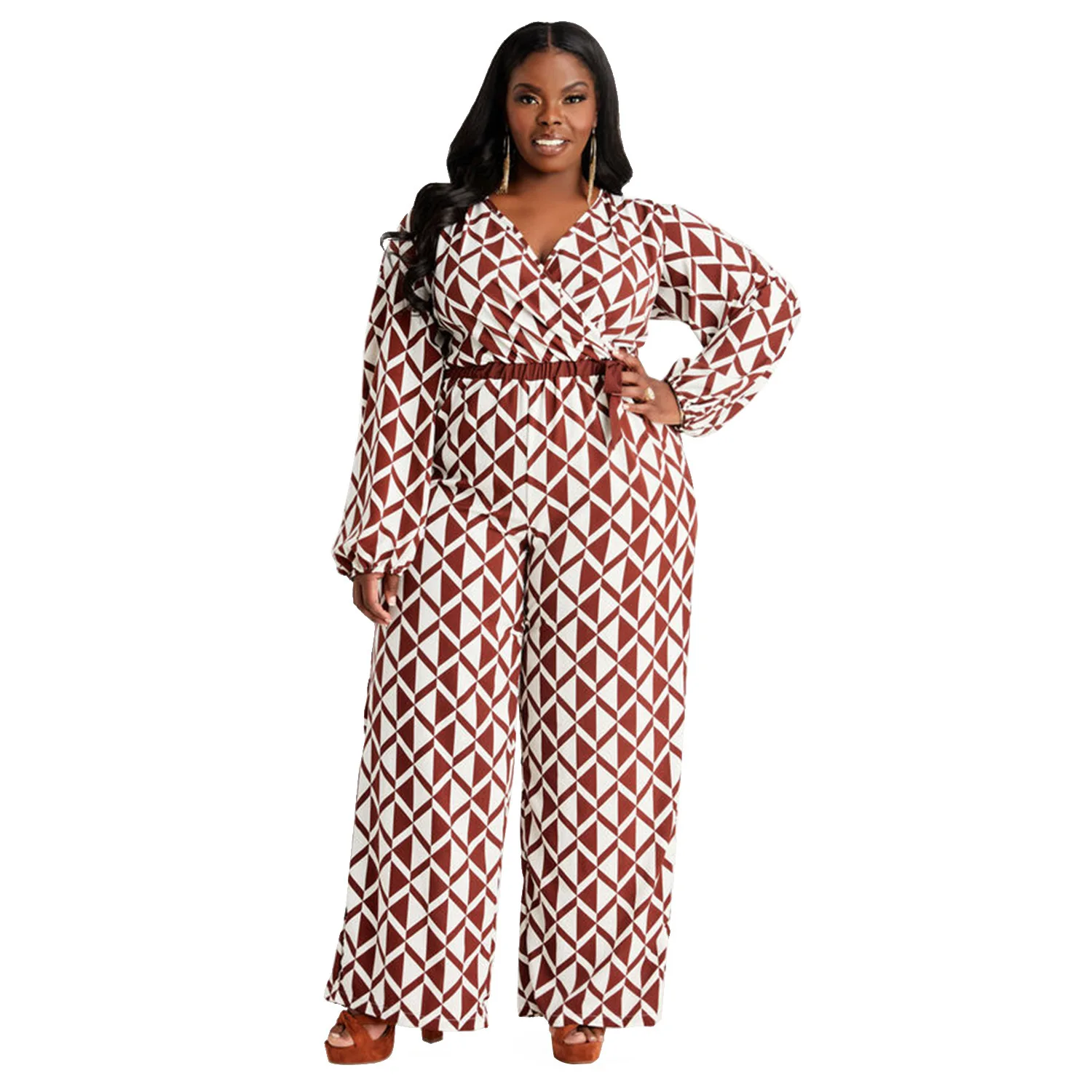 Plus Size Jumpsuits Printing V-Neck Long Sleeve Ankle-Length Plus Size Women Clothing Women's Elegant Party Jumpsuit Straight