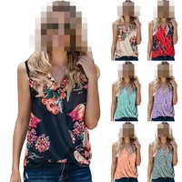 2022 summer new womens vest v neck printed pleated sleeveless top fashion casual vest