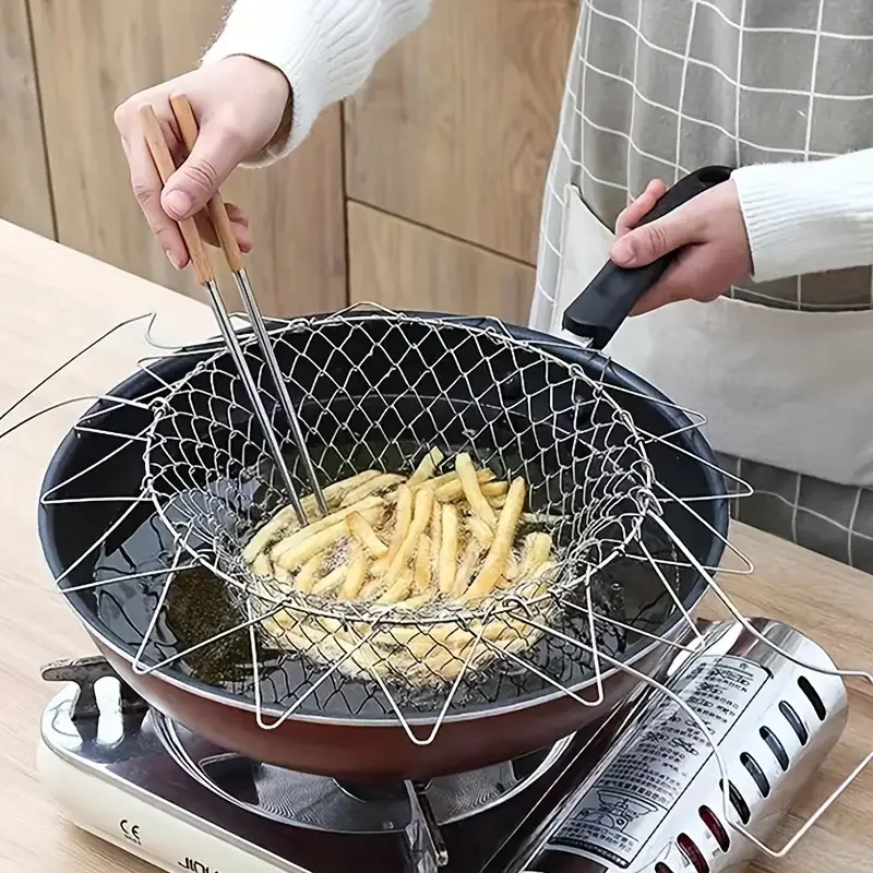 

1pc Stainless Steel French Fries Drainer Basket Foldable Drainer Basket Flexible Kitchen Tool For Fried Food Washing Fruits