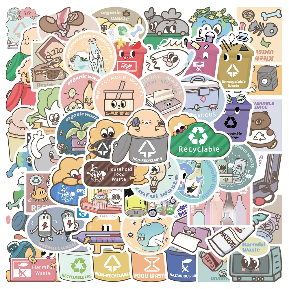 

10/50pcs Cute Cartoon Garbage Classification Sign Stickers For Laptop Phone Guitar Luggage Vinyl Waterproof Graffiti Car Decals