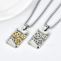 fashion punk rotatable mechanical gear pendant necklace gold color stainless steel steampunk cut dog tag hiphop men jewelry
