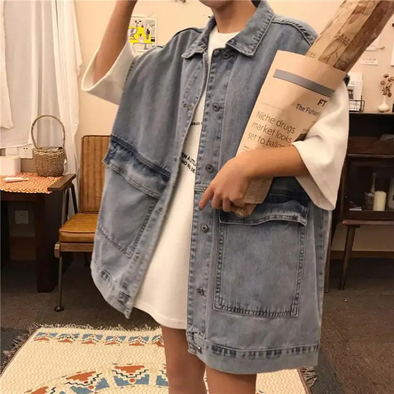 

2021 Women Fashion Sleeveless Blue Denim Vest Women Spring Fall Korean All-match Tops Short Jacket Indie Female Jean Waistcoat