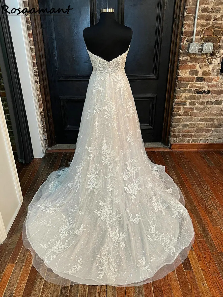 

Real Image Illusion Sleeveless Wedding Dresses A-Line Sweetheart Floral Appliques Lace Bridal Gowns