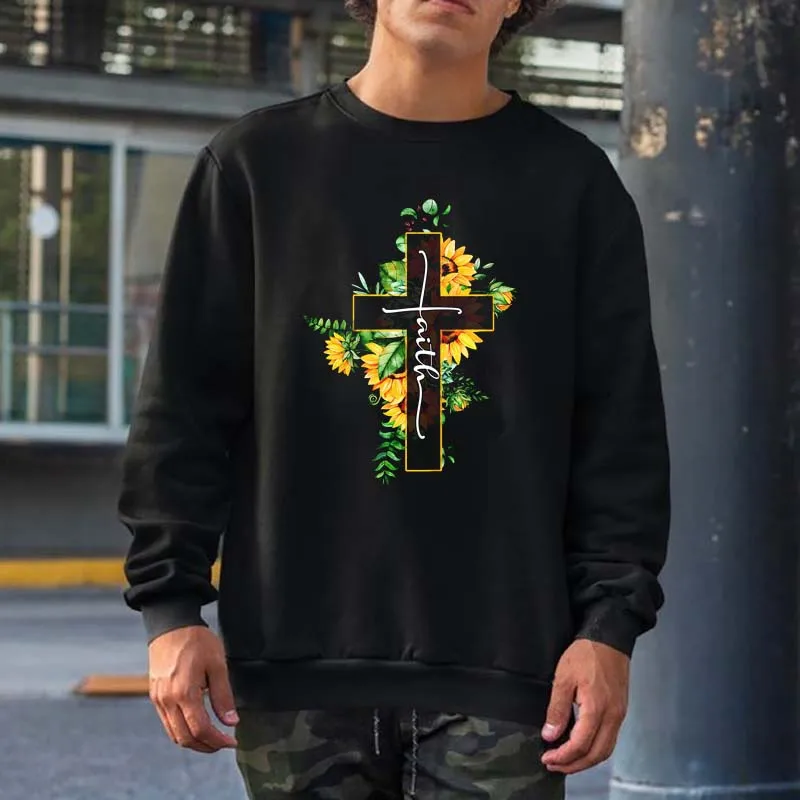 

Sunflower Faith Cross Christian Religious Womens Sweatshirts Men Women Streetwear Crewneck Hooded Tops Aesthetic Cotton Hoodies