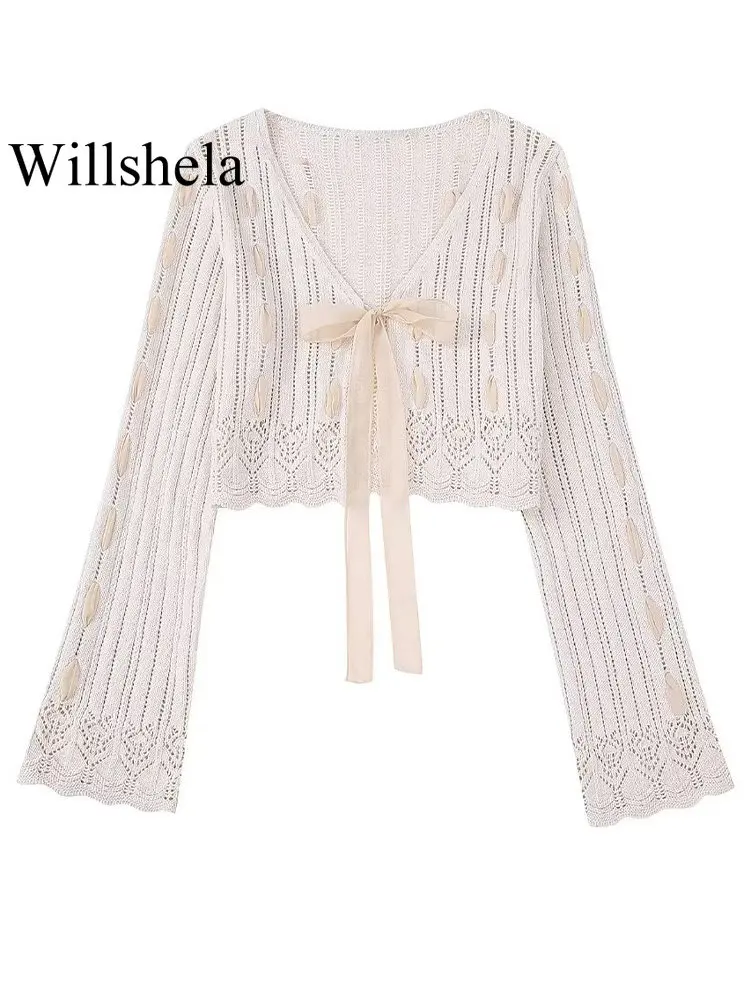 

Willshela Women Fashion With Bow Beige Lace Up Cardigan Sweater Vintage Long Sleeves V-Neck Female Chic Lady Knitted Outfits