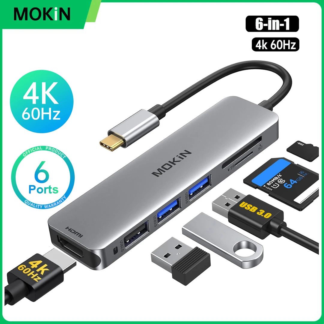 

Док-станция MOKiN USB C Hub 4K @ 60 Гц HDMI, 5 Гбит/с USB3.0, кардридер SD/TF, адаптер PD100W для Macbook Air/Pro, аксессуары для ПК