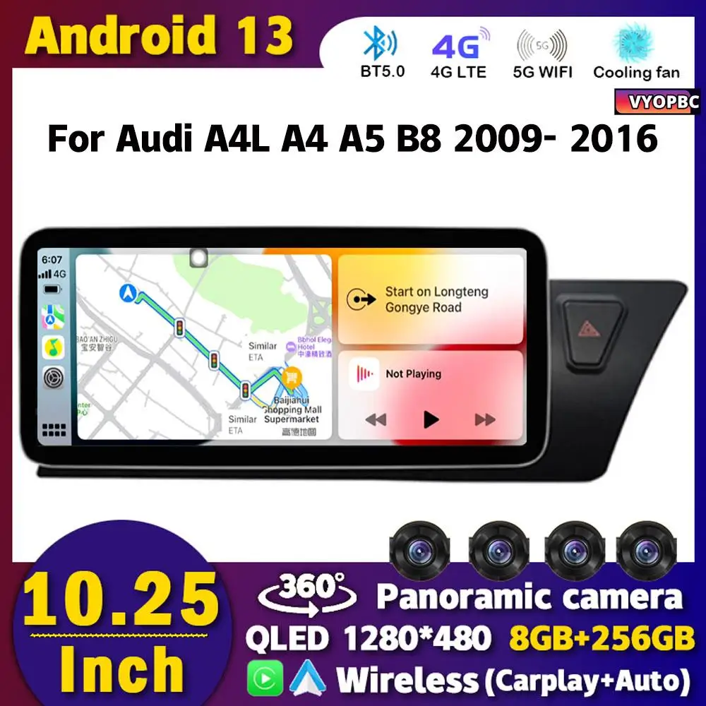 

8Core Android 13 Carplay Car Radio 10.25" For Audi A4 A5 S4 S5 A4L B8 2009 - 2016 RHD Multimedia Player GPS WIFI 4G Touch Screen