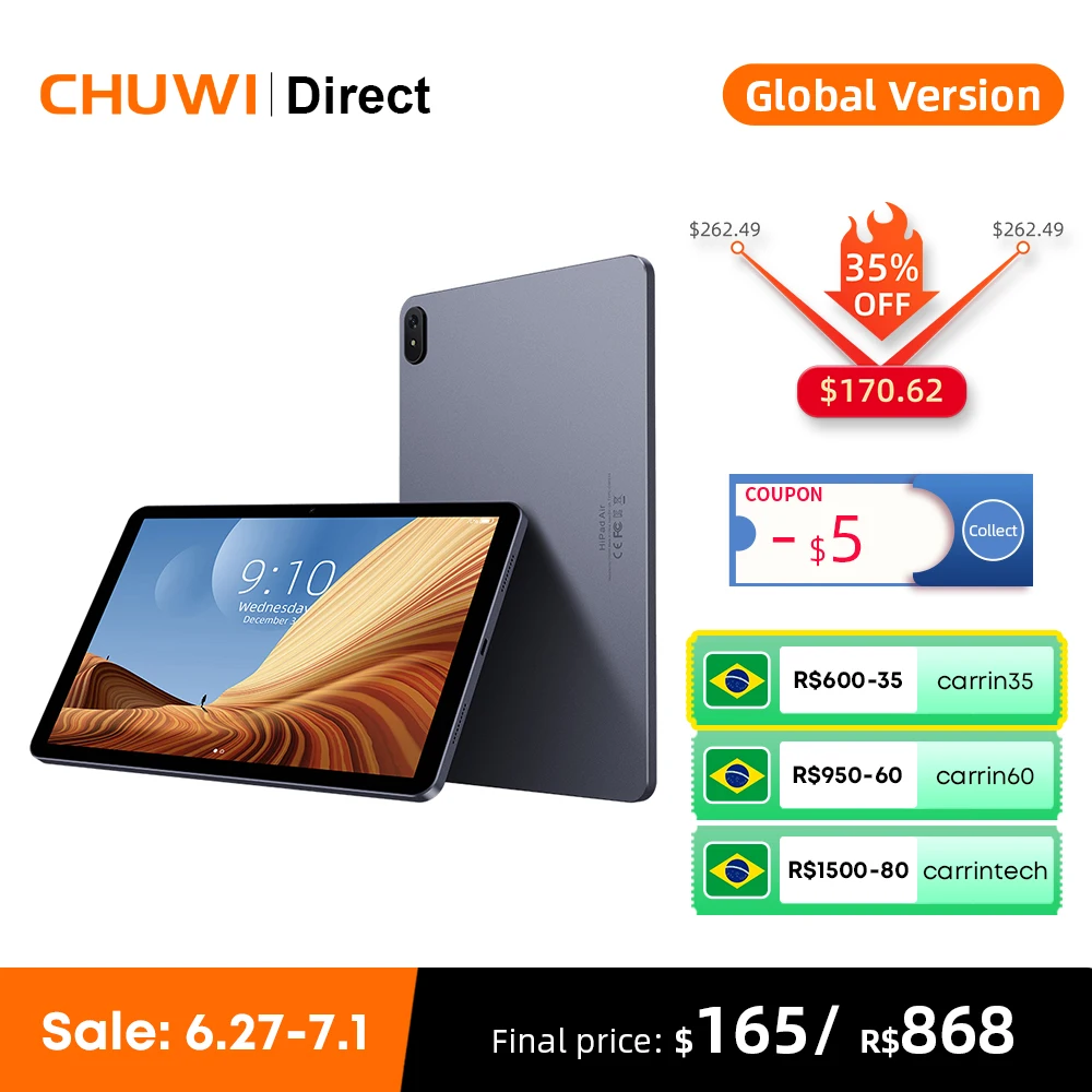 

CHUWI HiPad Air планшет, экран 10,3 дюймов, Восьмиядерный, 6 ГБ ОЗУ 1920 Гб ПЗУ