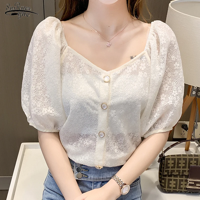 

Summer Crochet Hollow Puff Short Sleeve Lace Blouse Casual V-neck Button Chiffon Shirt Sweet Solid White Blouse Slim Tops 19848