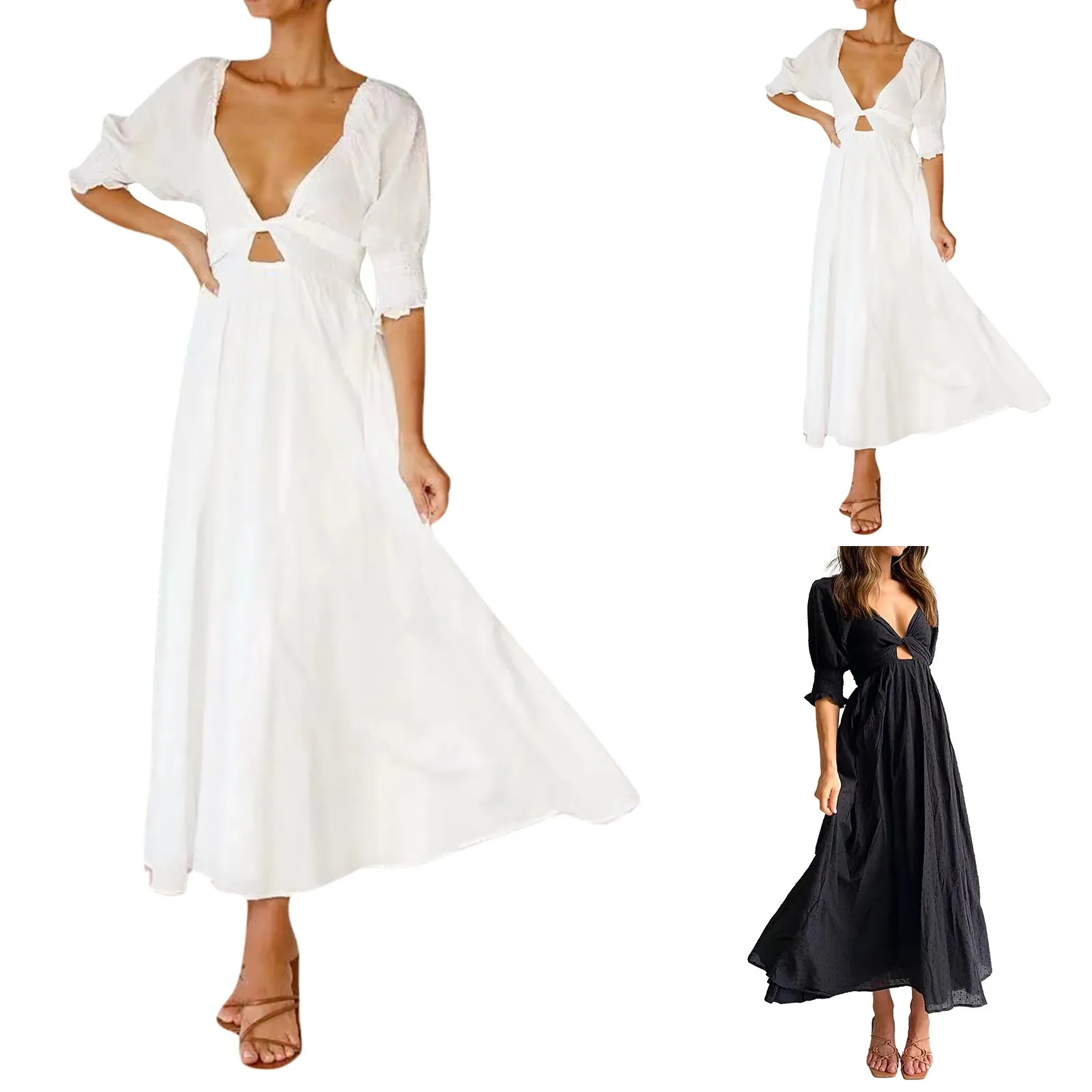 

Ladies Chiffon Jacquard Knotted Puff Sleeve Slim A Line Long Dress Womens Dresses Summer Summer Maxi for Women