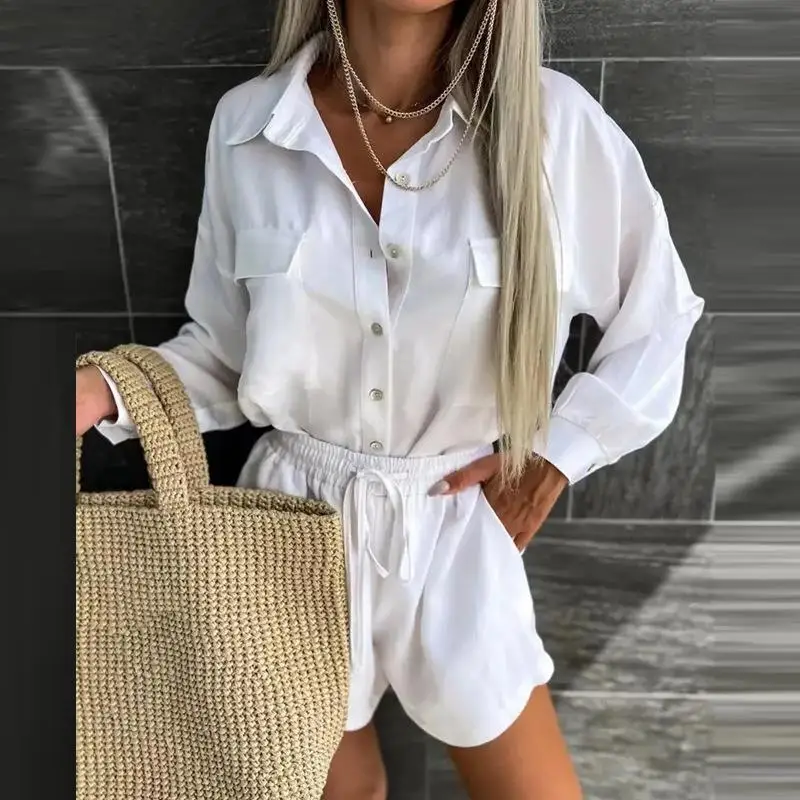 

Spring/Summer 2023 Women's Dress Temperament Solid Single breasted Shirt Top Drawstring Shorts Two Piece Set