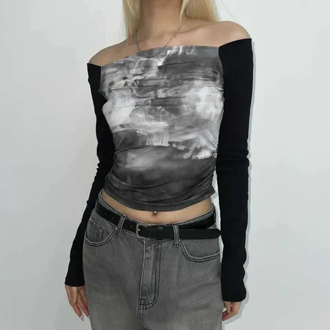 Neploe Print Slim Commuter Simple Korea Chic Top Женский корейский шикарный топ со вставками и разрезом на шее Y2K Футболка Шарф Harajuku 2000S Mujer