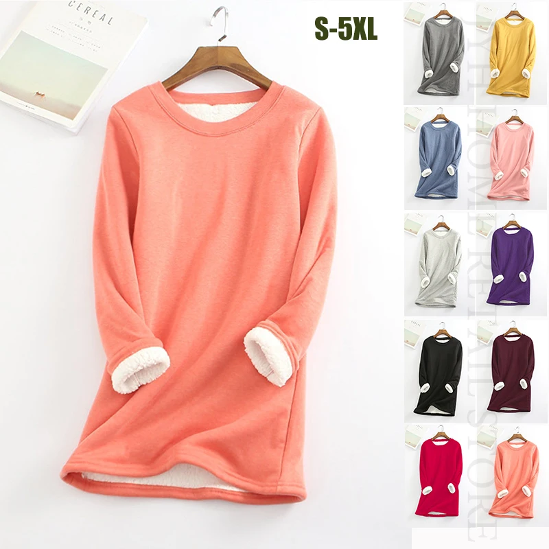 

Women's Winter Thick Long-sleeved O Neck Fleece Shirt Casual Loose Long Sleeve Warmer T-shirts Clothes Underwear Size Tops 5XL