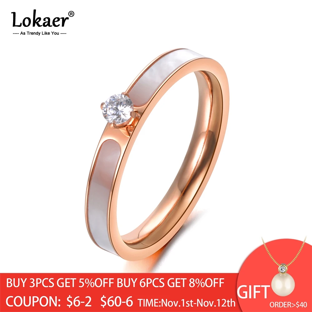 

Lokaer Stainless Steel Ring Rose Gold Color AAA Zircon Shinning Rhinestone & White Shell For Christmas Gift Girl Women R18146