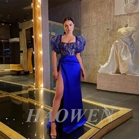 haowen elegant shiny royal blue long side slit evening dresses short sleeves lace sequine formal night gowns prom party dress