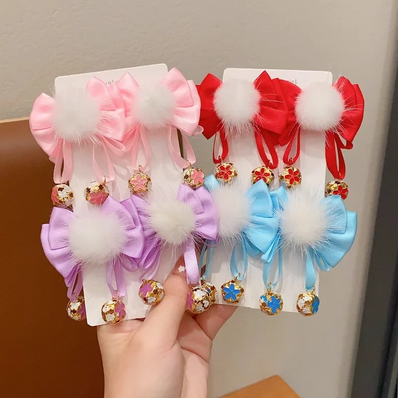 

A Pair Solid Color Autumn Plush Round Ball Ribbon Bow Flower Hair Clips For Girl Kids Cute Hanfu Chinese Fairy Hairpin Fashion
