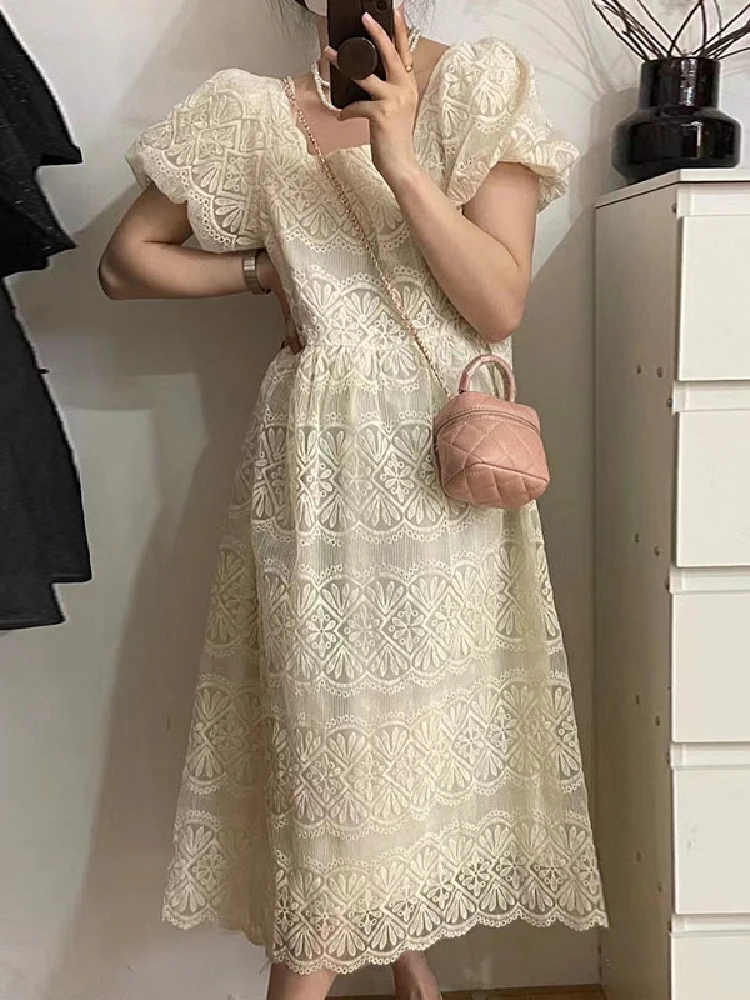 

Женское жаккардовое платье, облегающее платье с квадратным вырезом и пышными рукавами, корейское шикарное платье в французском стиле на ле...