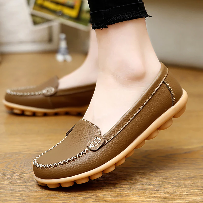 Summer Women Shoes Flat Shoes Loafers Genuine Leather New Style Round Toe Shallow Spring Ladies Shoes Plus Size Sports Shoes