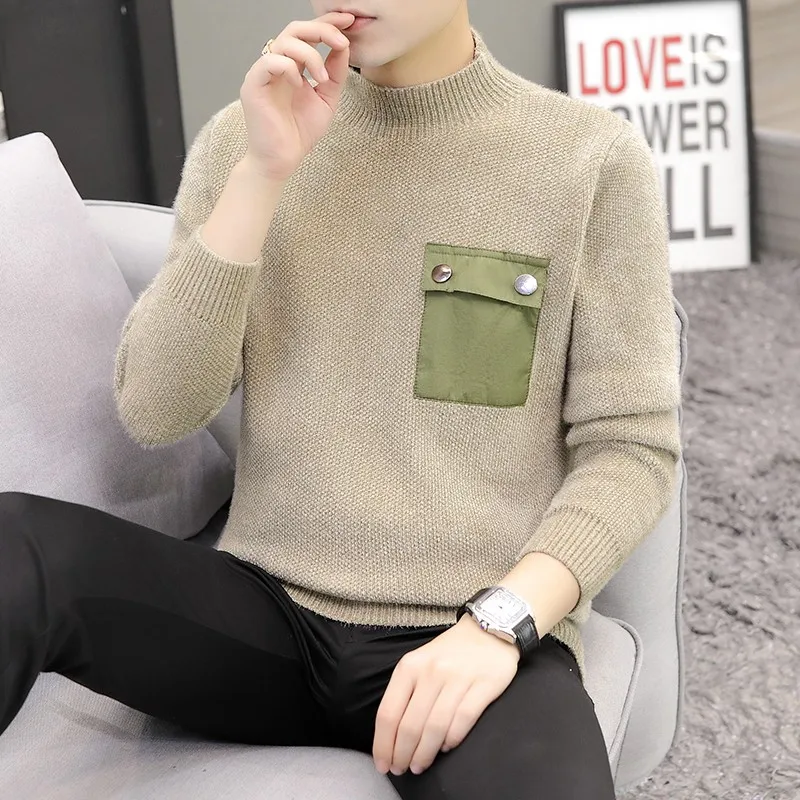 New Winter Top Quality Half high collar Men Sweater Thick Warm Pullover Casual pocket Mens Sweaters High Neck Knit Male Jump | Мужская