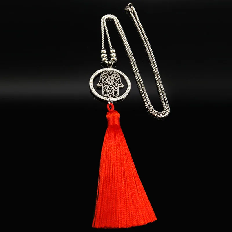 

Muslim Islam Hamsa Hand Tassel Crystal Stainless Steel Necklaces Women Bead Long Chain Necklaces Jewelry Gargantilla N18548S08