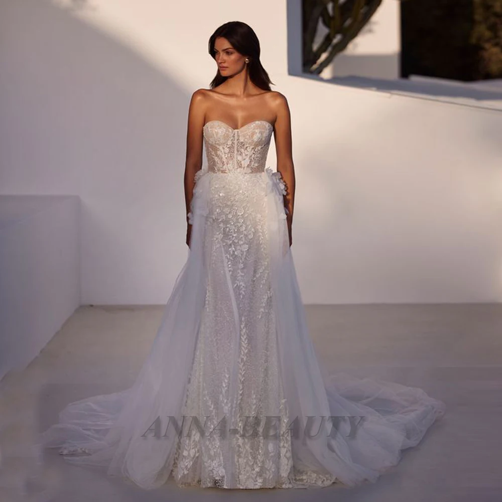 

Anna Glamorous Mermaid Wedding Dresses For Woman Party Sleeveless Lace Appliques Tulle Detachable Train Zipper Vestidos De Novia